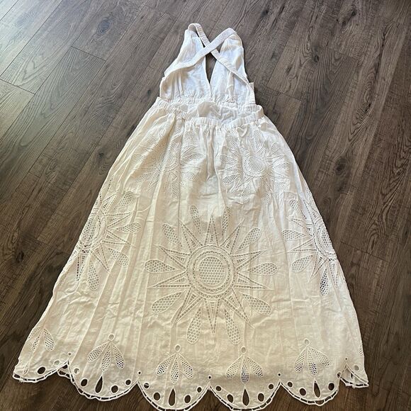 Farm Rio Maxi Dress Large Linen Blend Embroidered Coastal Richelieu - Picture 4 of 7